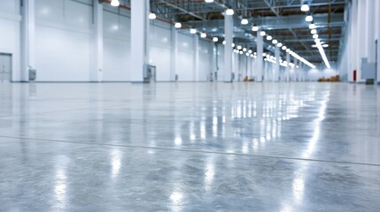 Fototapeta premium Vast, Brightly Lit Industrial Warehouse Interior with Polished Concrete Floor Reflecting Lights