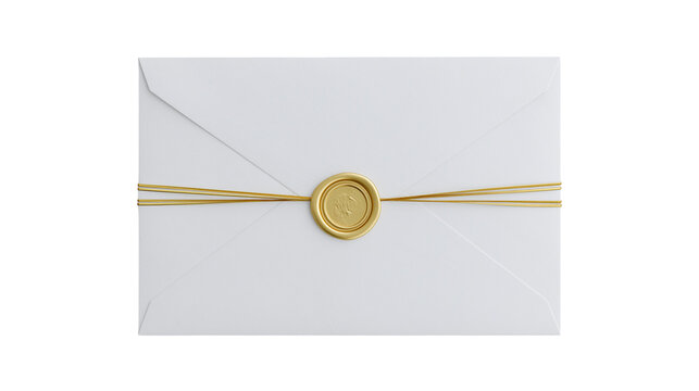 White envelope sealed with gold wax and tied with gold string, isolated on transparent background