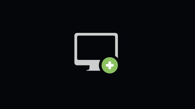 Animated Desktop Computer Monitor Icon with Green Plus Badge and Mouse Click for Add Workstation, Connect PC, and System Register
