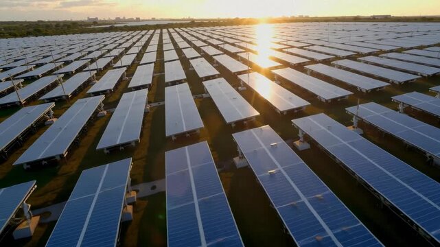 Solar farm panels field aerial view at sunset renewable energy