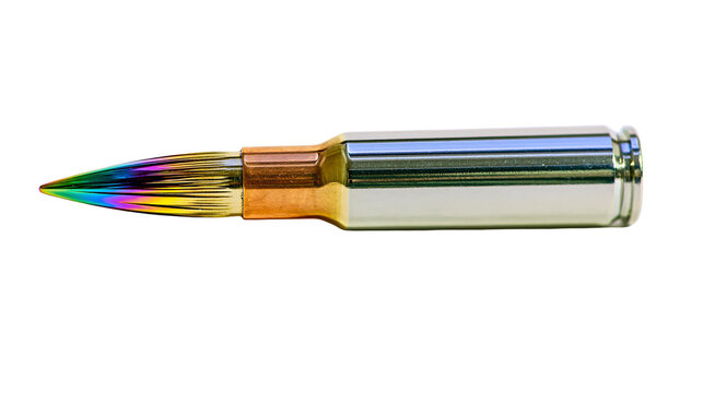 Rainbow-tipped bullet with brass casing, isolated on transparent background