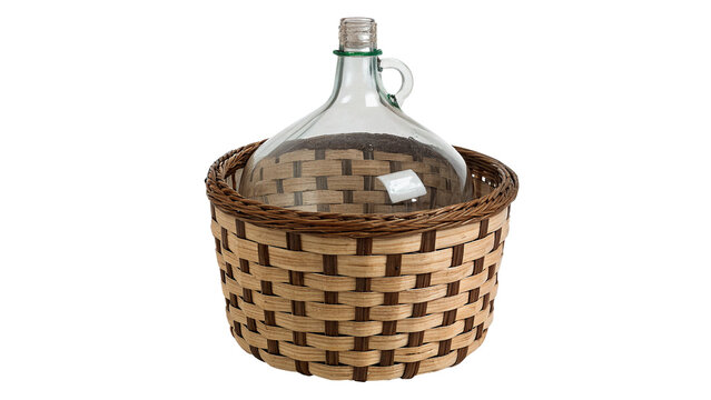 Large vintage glass carboy bottle inside wicker basket isolated on transparent background
