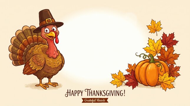 Cartoon turkey with pilgrim hat and pumpkin surrounded by autumn leaves with copy space for Thanksgiving celebration