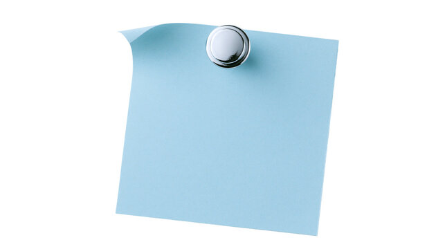 Light blue paper note attached with a shiny silver thumbtack, isolated on transparent background