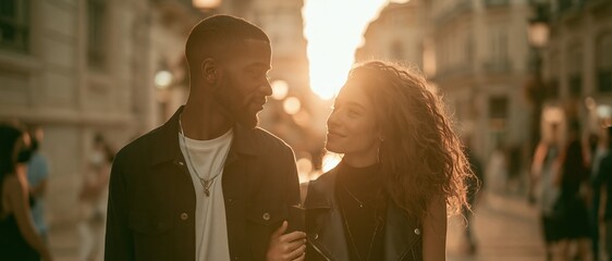 Fototapeta premium Couple walking arm in arm on a city street at sunset, enjoying a romantic moment together