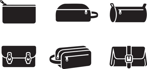 Six different black pouches and bags with zippers and straps vector icons Vector © Sazid