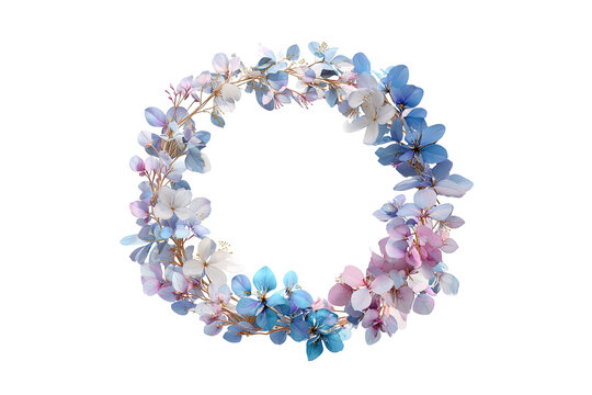 Pastel flower wreath isolated on transparent background, delicate watercolor floral PNG with soft pink, blue and yellow blossoms