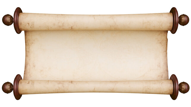 Antique parchment scroll with wooden rollers and decorative knobs, isolated on transparent background