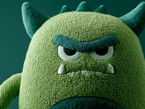 Green monster plush toy with angry face