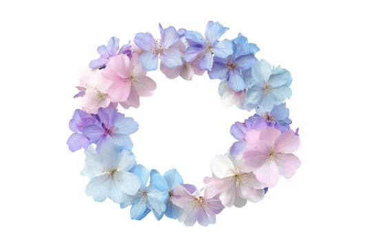 Pastel flower wreath isolated on transparent background, delicate watercolor floral PNG with soft pink, blue and yellow blossoms
