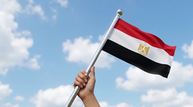 Hand holding national flag of Egypt outdoors against bright blue sky with soft white clouds
