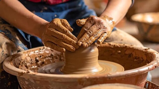 A skilled artisan shapes wet clay on a spinning pottery wheel