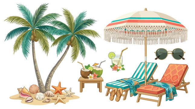 Tropical beach vacation vector set, palm trees and lounge chairs with boho sun umbrella, summer resort travel elements and exotic cocktails