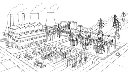 Fototapeta premium Industrial Power Plant Sketch Vector with Transmission Towers and Electrical Machinery Illustration
