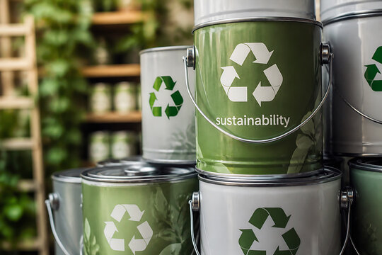 Recycling bins with green and white designs are displayed in an outdoor setting.