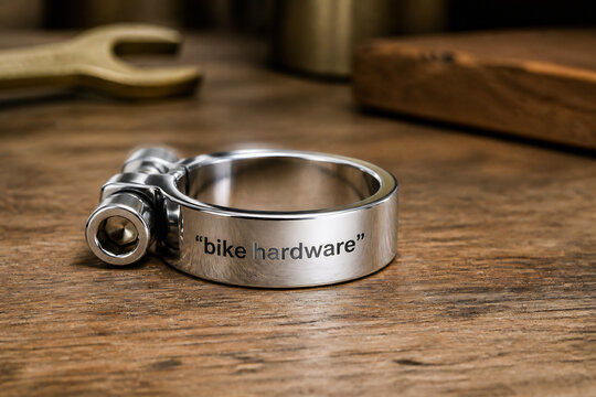 A stainless steel ring engraved with "bike hardware" rests on a wooden surface.