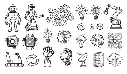 Fototapeta premium Hand Drawn Robot Technology Sketch Vector Collection with Gears Light Bulbs and Computer Chips