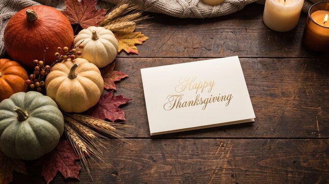 Autumn harvest pumpkins with fall leaves and a Happy Thanksgiving card on rustic wood during golden hour