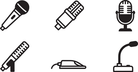 Set of six different microphone icons in black and white Vector © Sazid