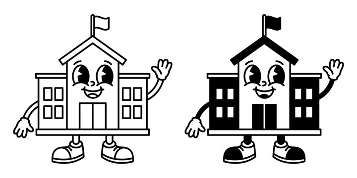 Vintage Rubber Hose Cartoon School Building Mascot Character.