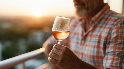 Obraz premium Man Holding Glass of Rosé Wine Enjoying Sunset View from Balcony