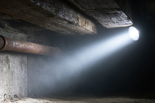 Illuminating beam of light shines into a dark, dusty, forgotten basement or crawl space, revealing old pipe