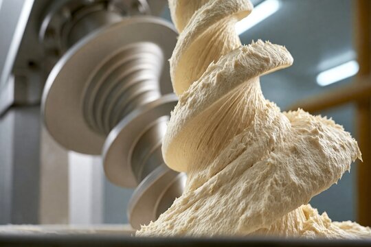 Close up of a spiral dough mixer blending flour and water into a cohesive dough in a bakery