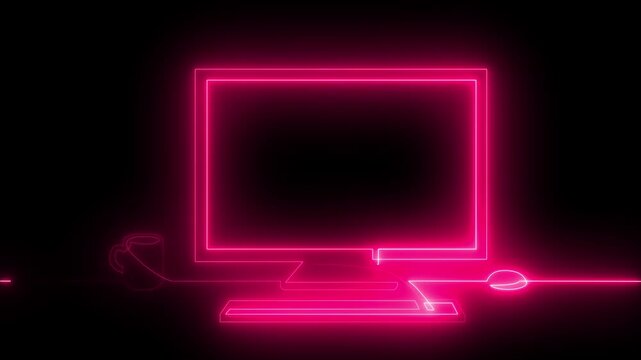 Glowing Neon Computer Desk Workspace Line Art Animation with Dynamic Color Changing Effect on Dark Background Loop