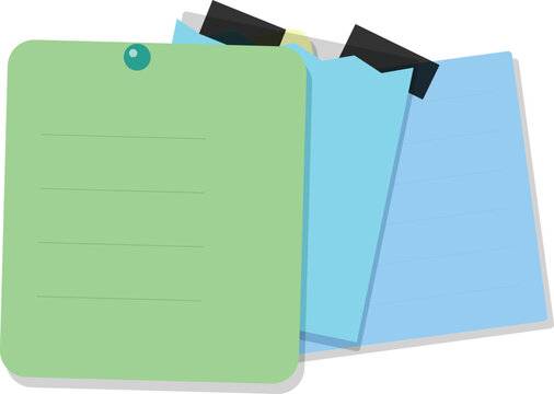 Stack of colorful paper sheets held together by black binder clips on a white background
