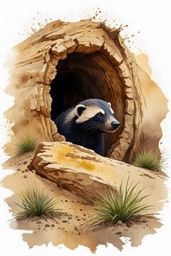 Honey badger emerging from a burrow