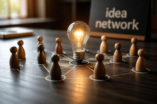 Wooden figures arranged in a network pattern on a table with a glowing lightbulb and "idea network" sign.
