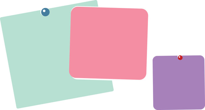 Three colorful blank sticky notes pinned to a white background for office reminders and creative project planning