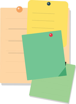 A collection of colorful sticky notes and paper sheets pinned to a board for office organization