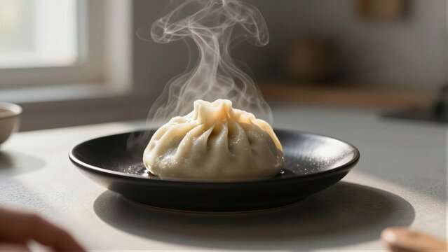 A steaming dumpling sits on a dark plate with wisps of steam rising, creating an appetizing and warm atmosphere.