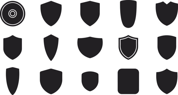 A collection of various black shield icons and heraldic shapes isolated on a white background representing security protection defense safety and corporate brand identity