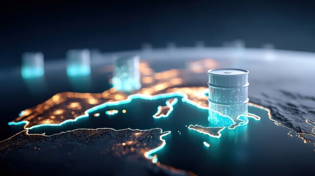 A futuristic, glowing barrel of oil sits on a digital map of Europe, symbolizing the global energy industry and its impact on the continent. ..Created with Generative AI, not depicting real subjects.