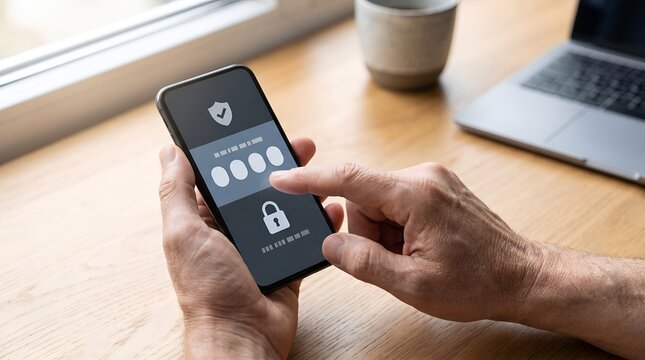 Person entering password on smartphone screen with security icons