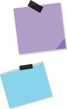 Two blank square sticky notes in purple and blue colors attached with black adhesive tape on white background