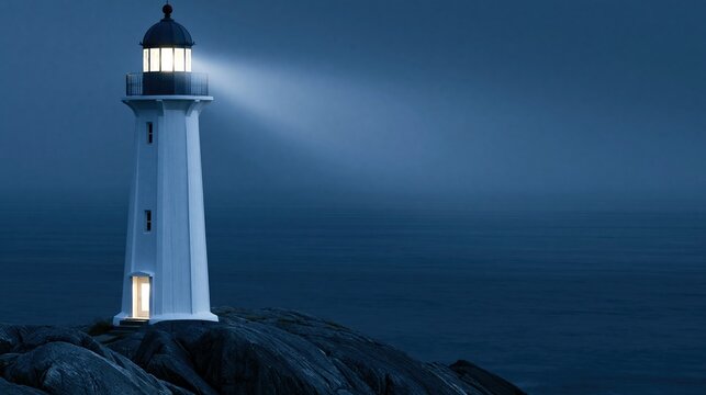 Isolated white lighthouse shining bright beam of light across dark ocean at dusk, guiding ships to safety