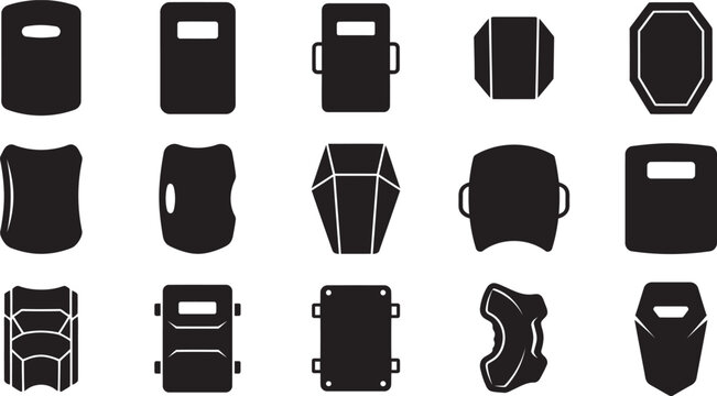 A collection of black silhouette icons representing various types of tactical riot shield equipment used by police and security forces for personal body protection