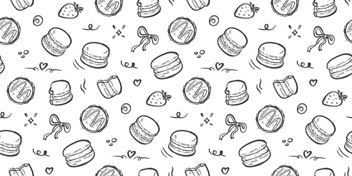 Macaron doodle background. Cookies pattern background. Colorful macaron doodle seamless pattern. Biscuit flavor hand drawn pattern with chocolate, strawberry, vanilla, matcha, creamy.