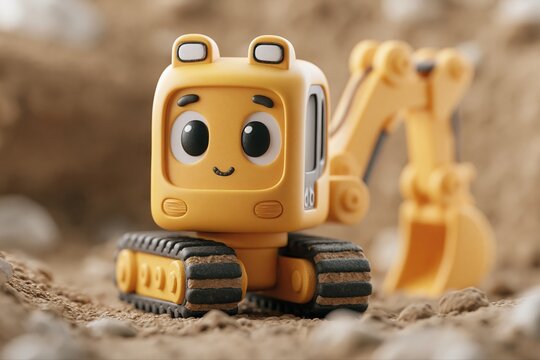 Adorable yellow cartoon excavator toy with big eyes and friendly smile on dirt ground