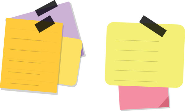 Colorful sticky notes and memo papers attached with black tape on a plain white background