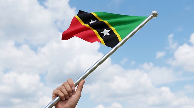 Hand holding national flag of Saint Kitts and Nevis against blue sky with white clouds