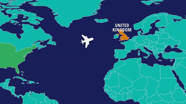 Flight Map Animation Showing Airplane Route Travelling From USA to United Kingdom Perfect visual for video editors, content creators, and marketing agencies needing high-end geographical transitions.