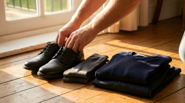 Person preparing formal black leather shoes and dark folded clothing on wooden floor near window with clothing preparation wardrobe sunlight interior selection organized