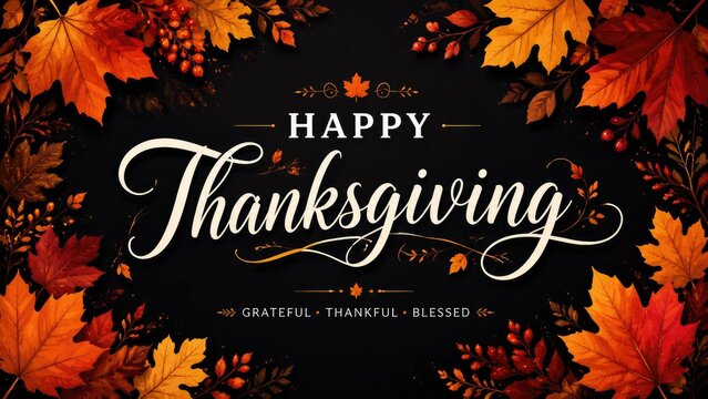 Happy Thanksgiving text with autumn leaves and ornate borders on black background celebrating gratitude