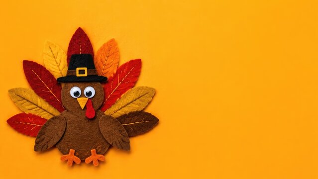 Felt Thanksgiving turkey with colorful feathers and hat on orange background with copy space