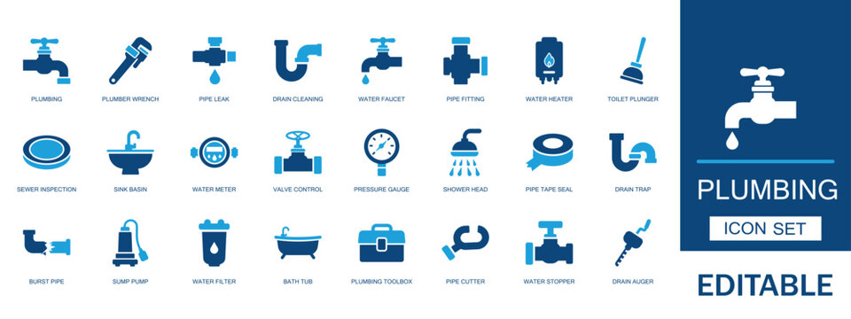 Plumbing icon set. Featuring plumber wrench pipe leak drain cleaning water faucet heater fitting toilet plunger sink meter pressure gauge shower head vector.