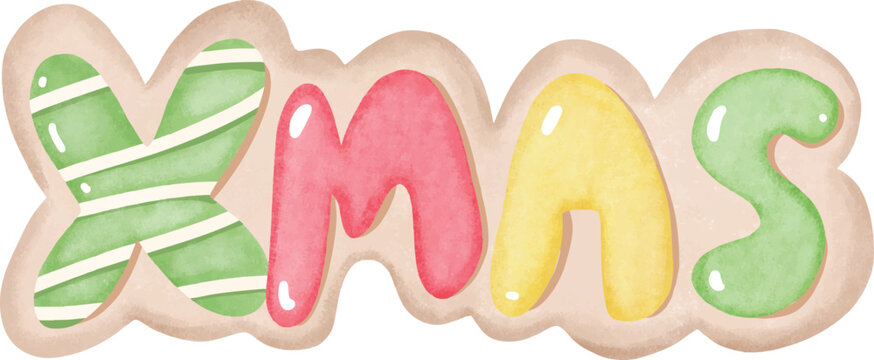 Cute XMAS word letter Christmas cookies for holiday typography and festive dessert decoration - hand drawn illustration vector asset